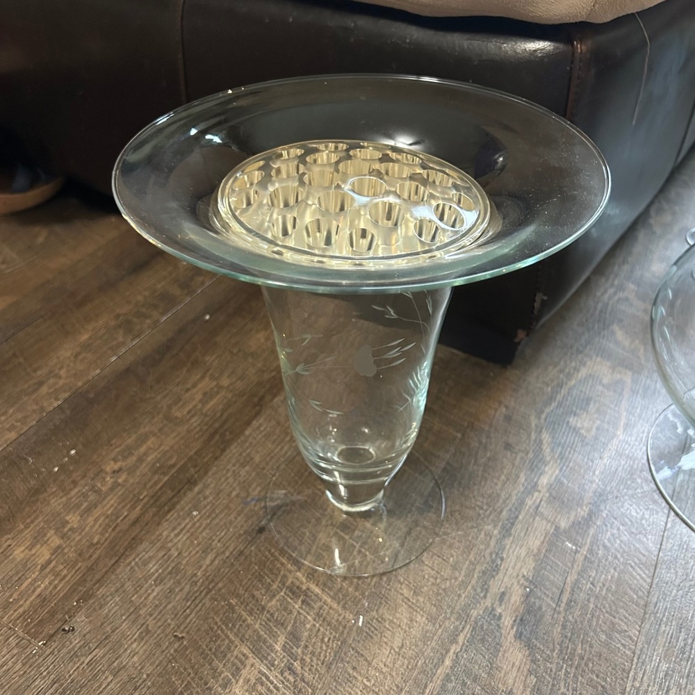 Princess House Heritage Etched Glass 12" Flared Vase with Flower Frog Insert